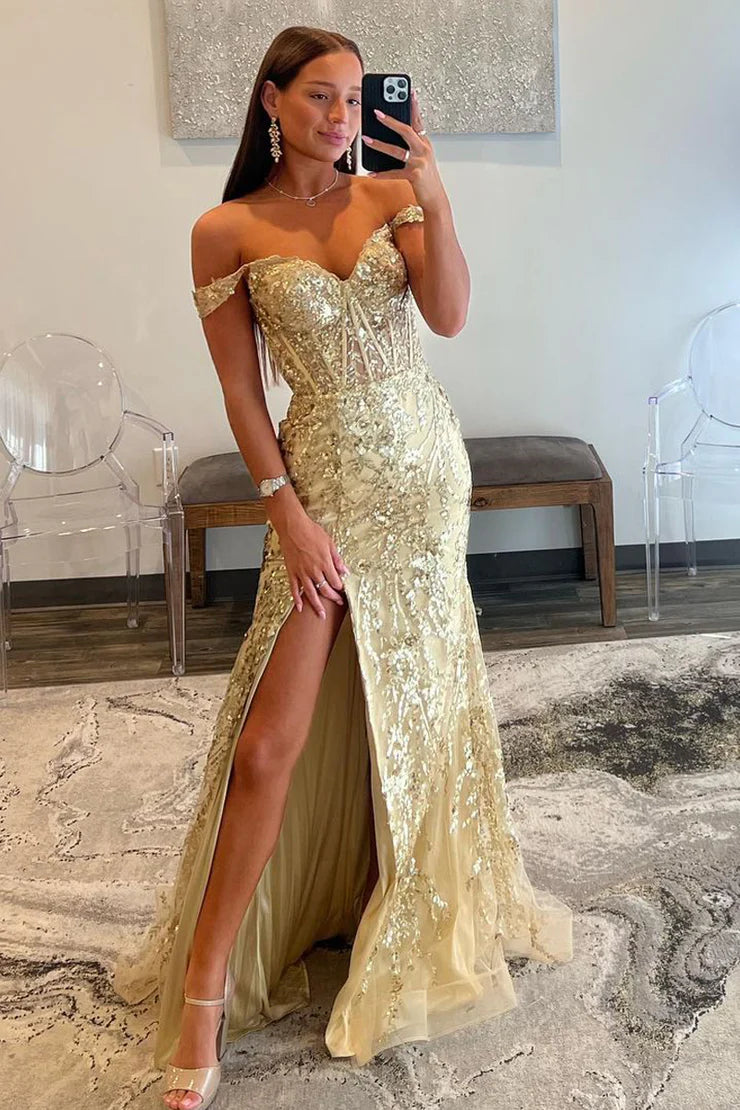 Mermaid Sweetheart Gold Sequins Long Prom Dresses with Slit