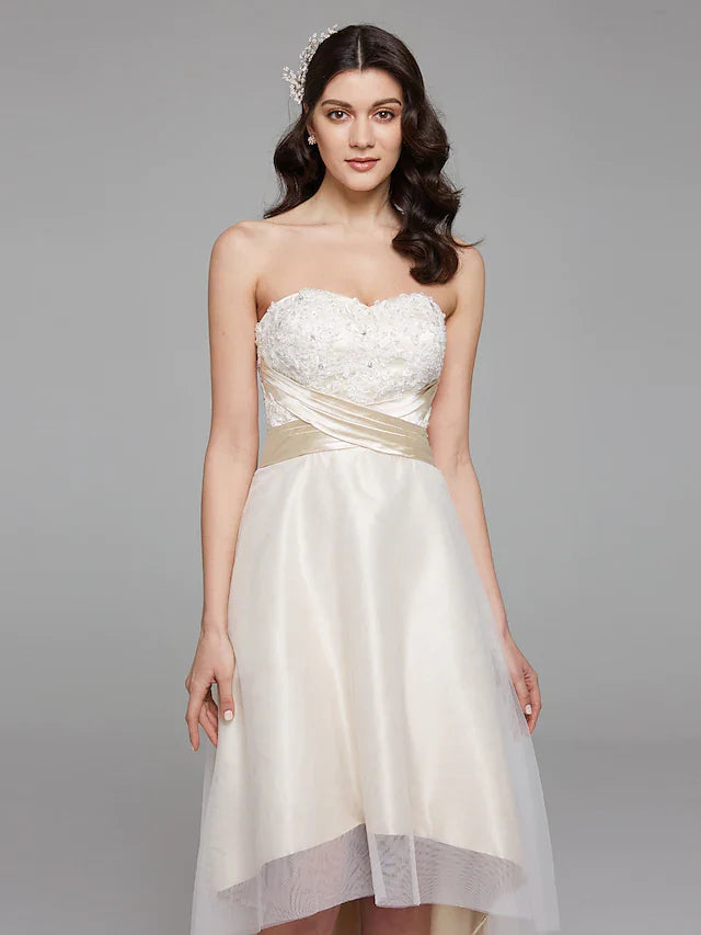 A-Line Wedding Dresses Sweetheart Neckline Asymmetrical Satin Floral Lace Strapless Simple Plus Size with Sash Ribbon Beading