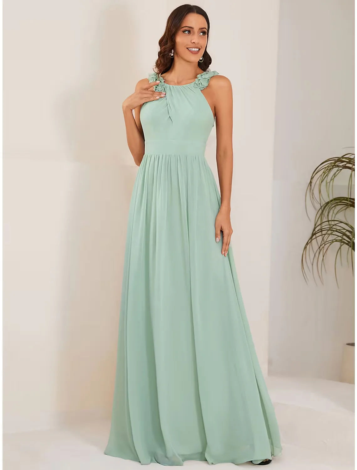 A-Line Wedding Guest Dresses Elegant Dress Formal Floor Length Sleeveless Jewel Neck Chiffon with Pleats Shouder Flowe