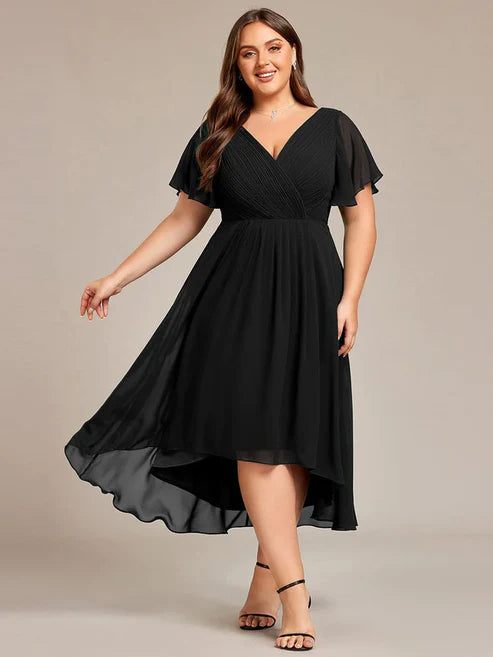 Plus Size Double V-Neck Ruffles Sleeve Chiffon Midi Wedding Guest Dressa/Evening Dresses Party Dresses