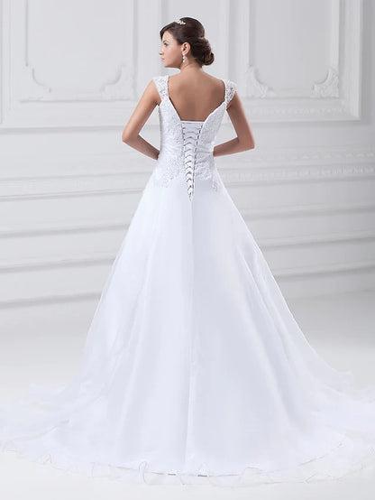 A-Line Wedding Dresses Square Neck Chapel Train Lace Organza Satin Regular Straps with Beading Appliques