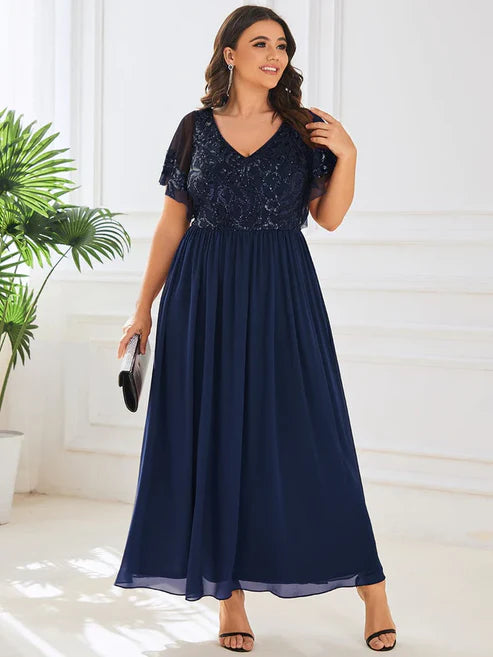 Plus Size V-Neck Short Sleeve Sequin Bodice Mother of the Bride Dress/Prom Dresses Party Dresses Wedding Guest Dresses
