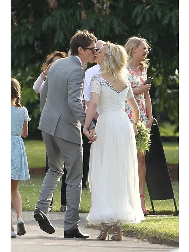 A-Line Wedding Dresses Jewel Neck Tea Length Chiffon Sequined Short Sleeve Country Romantic Sparkle & Shine with Pleats Sequin