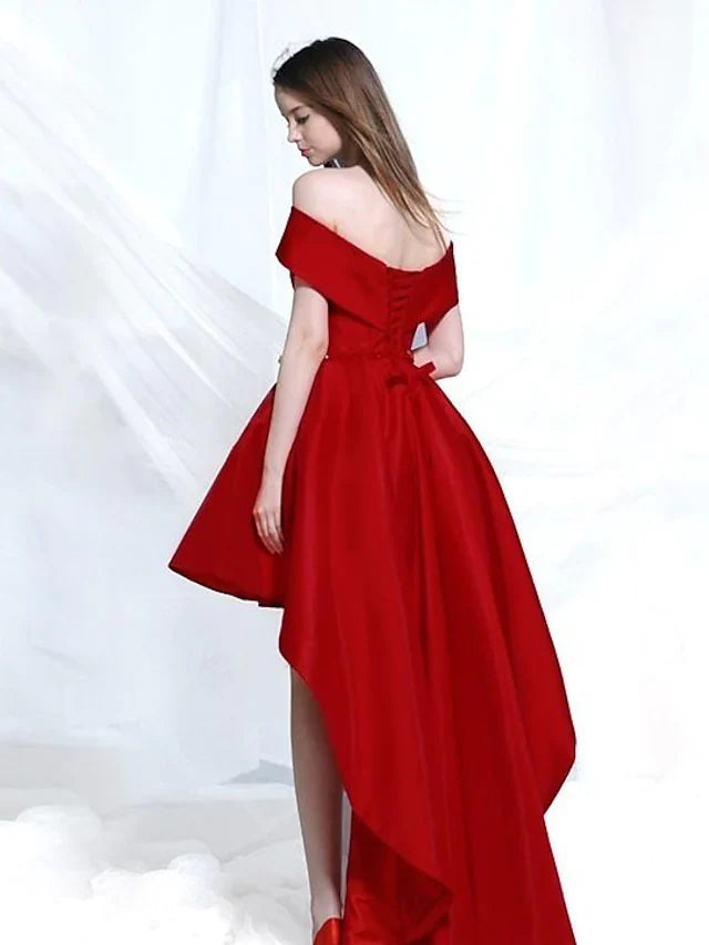 A-Line Elegant Engagement Cocktail Party Dress Off Shoulder Sleeveless Asymmetrical Satin with Bow