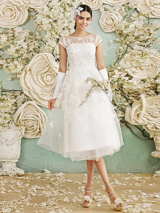 A-Line Wedding Dresses  Knee Length Chiffon Sleeveless with Appliques