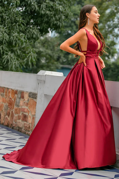 Low V Neck Burgundy Long Party Dresses Formal Dresses