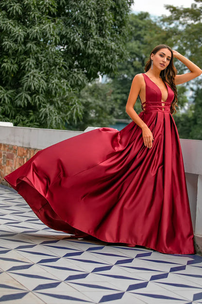 Low V Neck Burgundy Long Party Dresses Formal Dresses