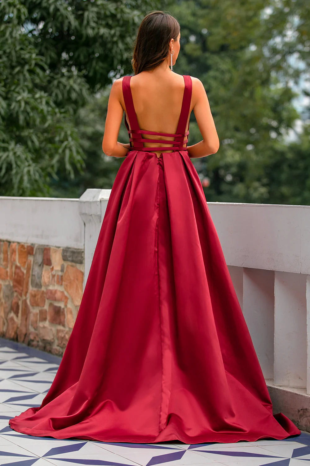 Low V Neck Burgundy Long Party Dresses Formal Dresses