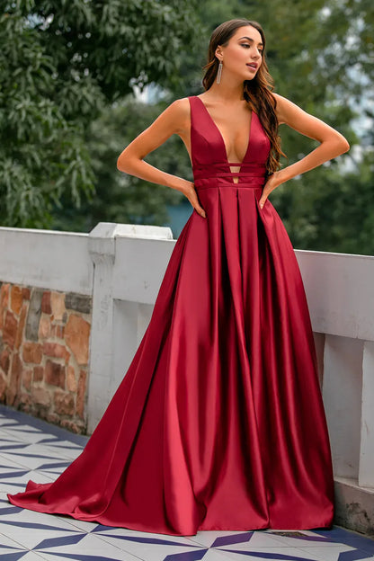 Low V Neck Burgundy Long Party Dresses Formal Dresses