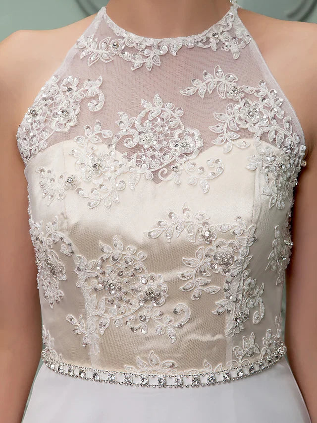 Wedding Dresses Jewel Neck Floor Length Chiffon Lace Regular Straps See-Through with Sash Ribbon Beading Split Front