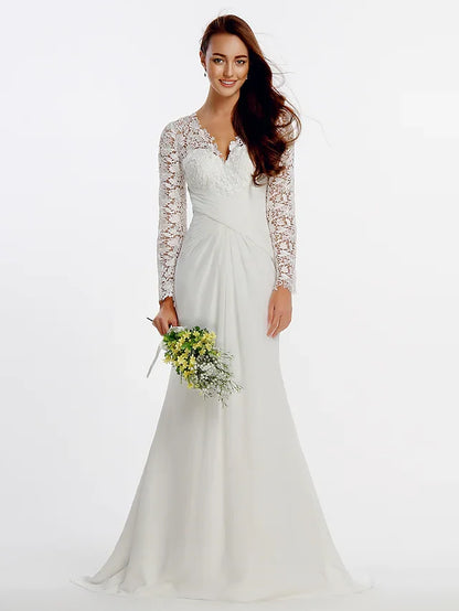 A-Line Wedding Dresses Jewel Neck Chapel Train Satin Long Sleeve Simple Plus Size Elegant