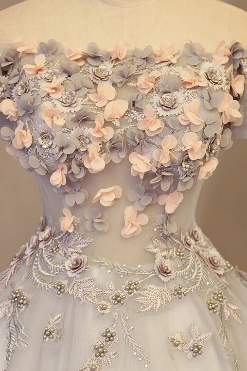 Ball Gown Prom Dresses Floral Dress Quinceanera Gray Tulle Applique Long Prom Dress Sweet 16 Dress