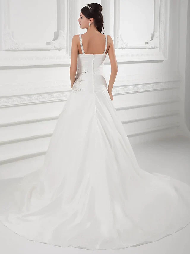 A-Line Wedding Dresses Square Neck Court Train Satin Taffeta Spaghetti Strap with Ruched Beading Draping