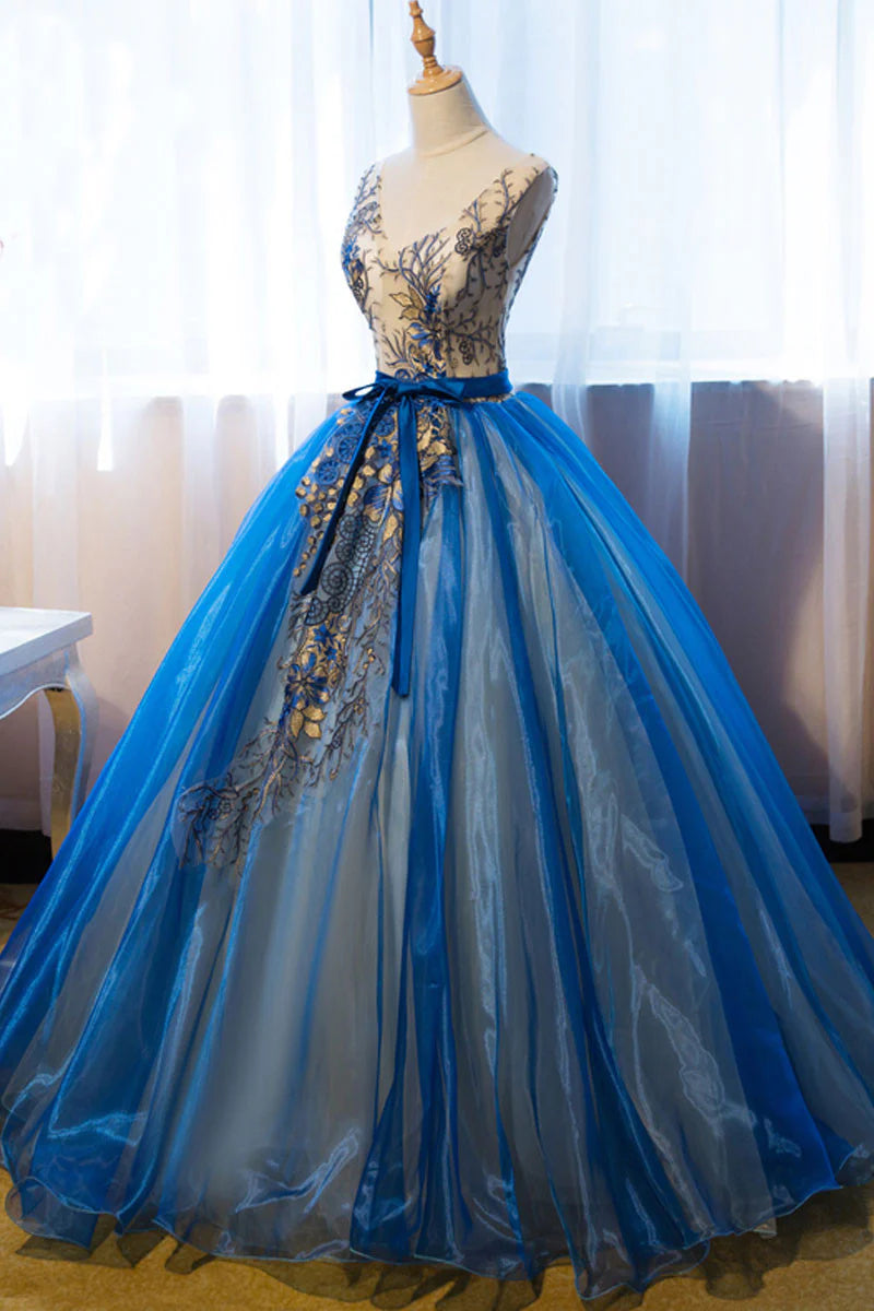 Ball Gown Quinceanera Dresses Princess Dress Unique V Neck Blue Embroidery Long Prom Dress Sweet 16 Dress