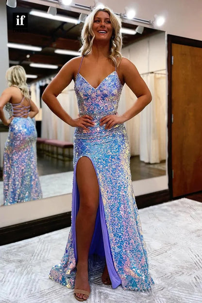 Mermaid Spaghetti Straps V Neck Sequins Long Evening Dresses with Slit