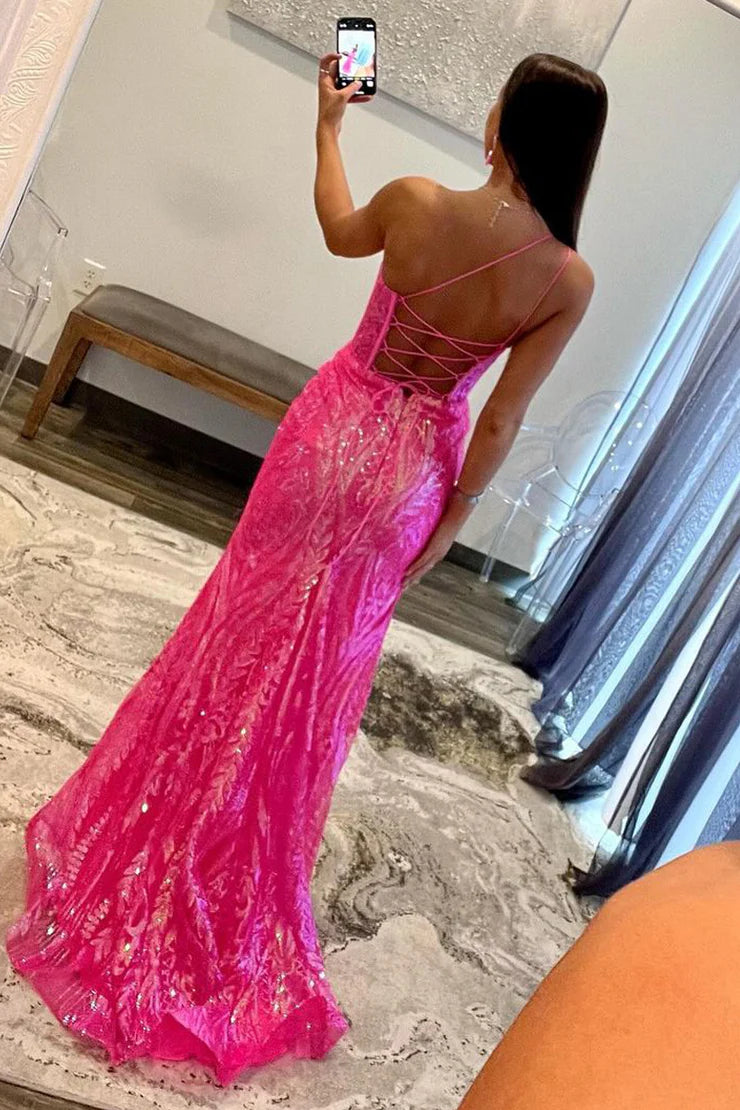 A Line Spaghetti Straps One Shoulder Sequins Lace Mermaid Long Prom Dress