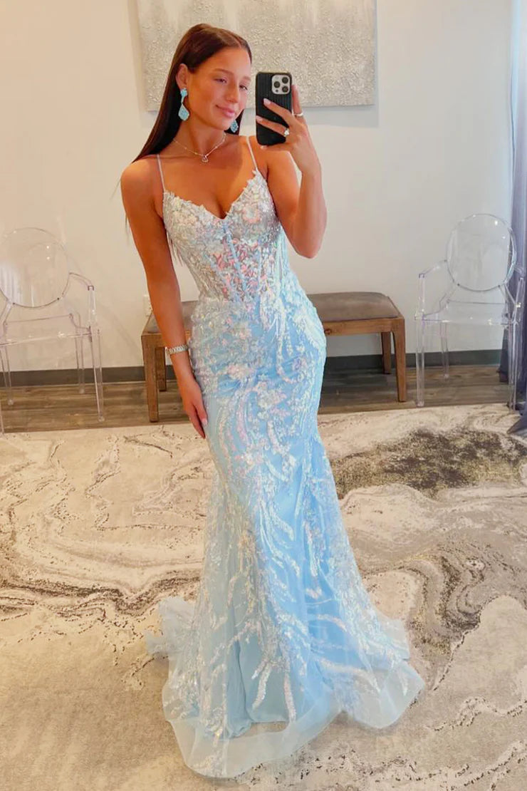 Mermaid Spaghetti Straps V Neck Lace Sequins Long Prom Dresses with Slit