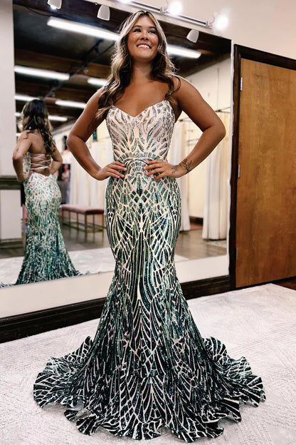 A Line Mermaid Strapless Long Prom Dress With Sequins