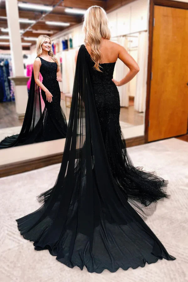 Black One Shoulder Appliques Mermaid Long Prom Dresses Evening Dress