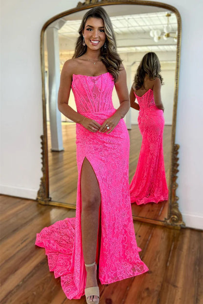 Mermaid Strapless Sweep Train Lace Prom Dress With Slit