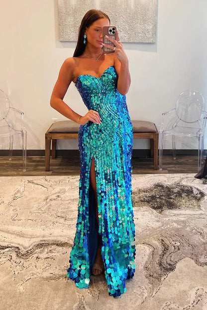 A Line Mermaid Sweetheart Blue Sequins Long Prom Dress with Slit