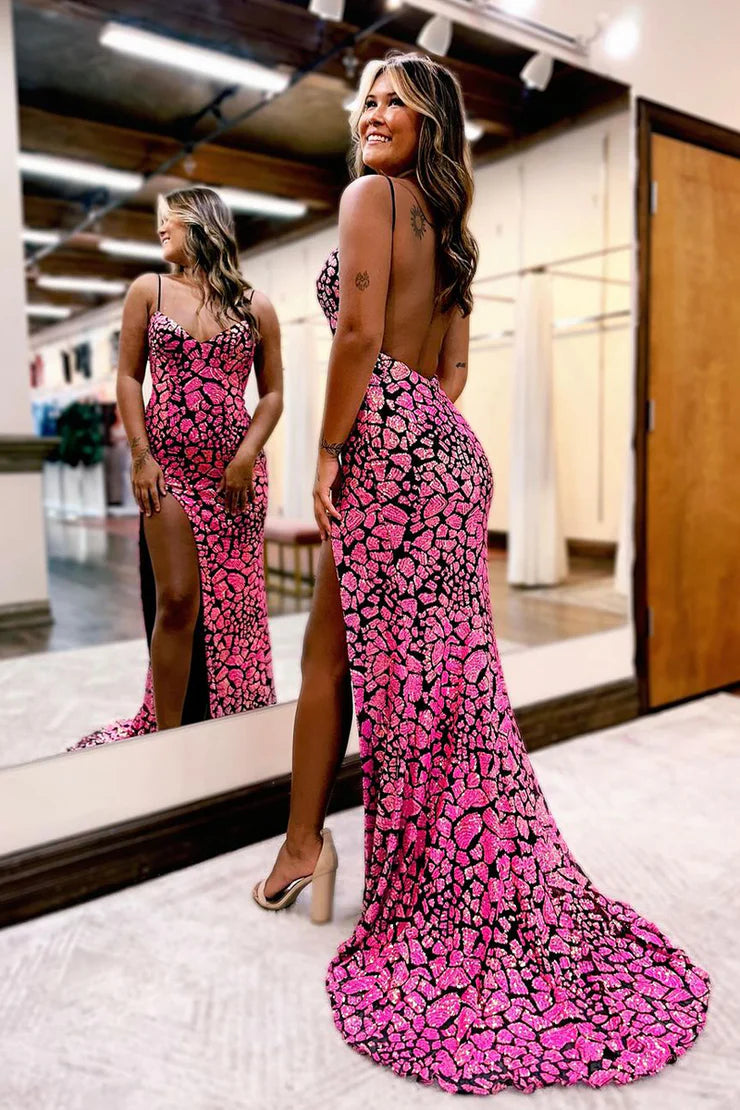 Mermaid  Sleek Glittering Sparkle V Neck Mint Sequins Long Prom Dress with Slit