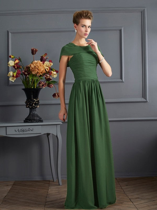 A-Line/Princess Scoop Short Sleeves Pleats Long Chiffon Mother of the Bride Dresses