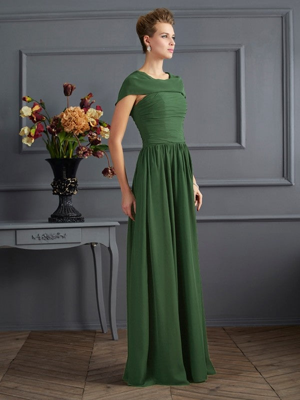 A-Line/Princess Scoop Short Sleeves Pleats Long Chiffon Mother of the Bride Dresses