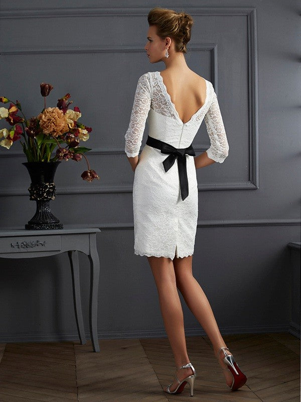 Sheath/Column Scoop 3/4 Sleeves Sash/Ribbon/Belt Short Lace Mother of the Bride Dresses