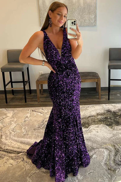 Mermaid Low V Neck Purple Sequins Long Evening Dresses