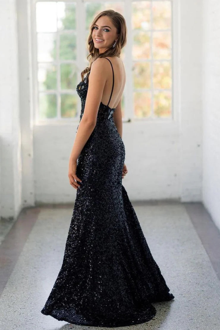 Mermaid Spaghetti Straps V Neck Black Sequins Long Prom Dresses with Beading
