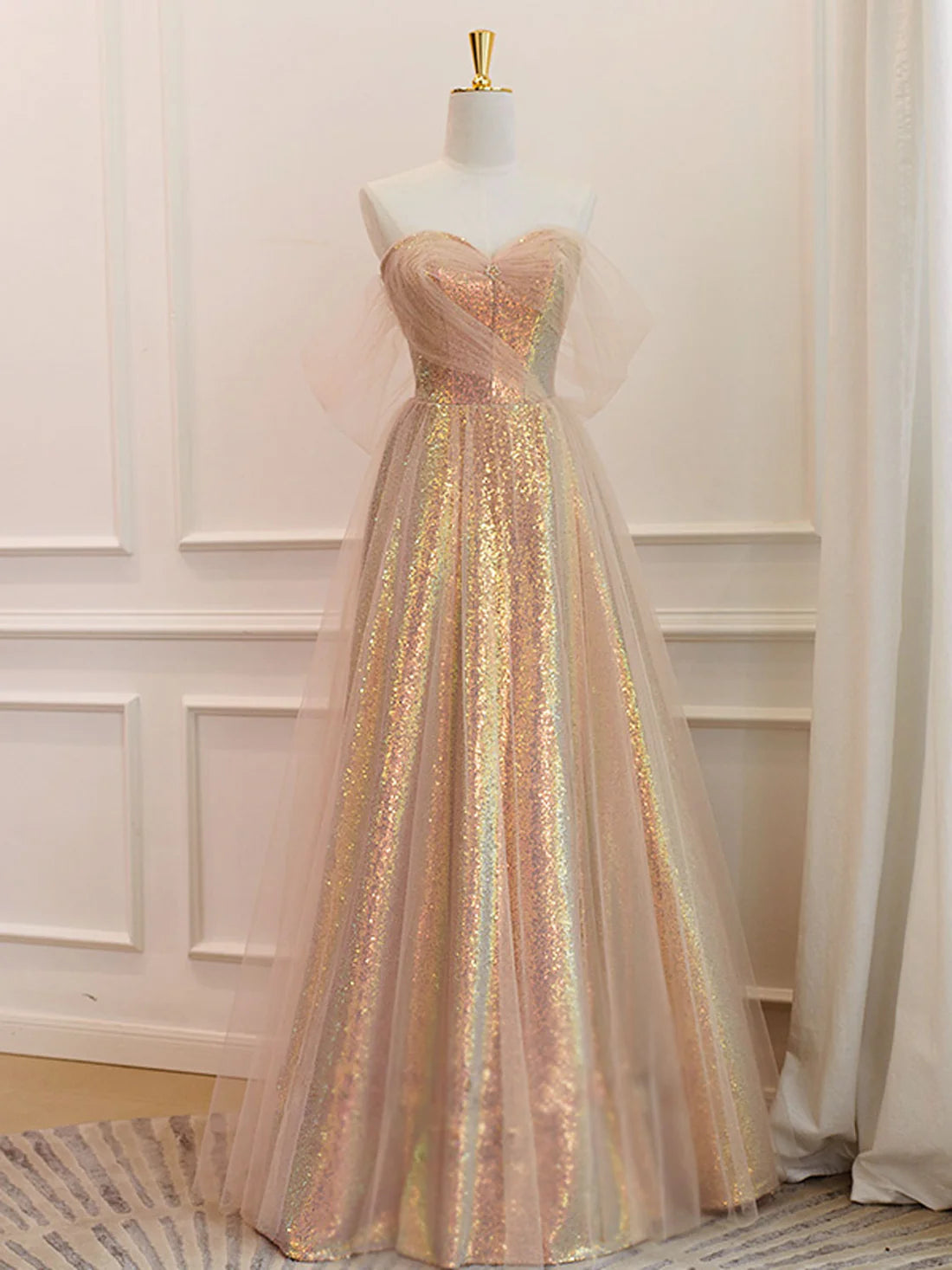 A-Line Sweetheart Neck Gold Sequin Long Prom Dress Bridesmaid Dress Formal Dresses