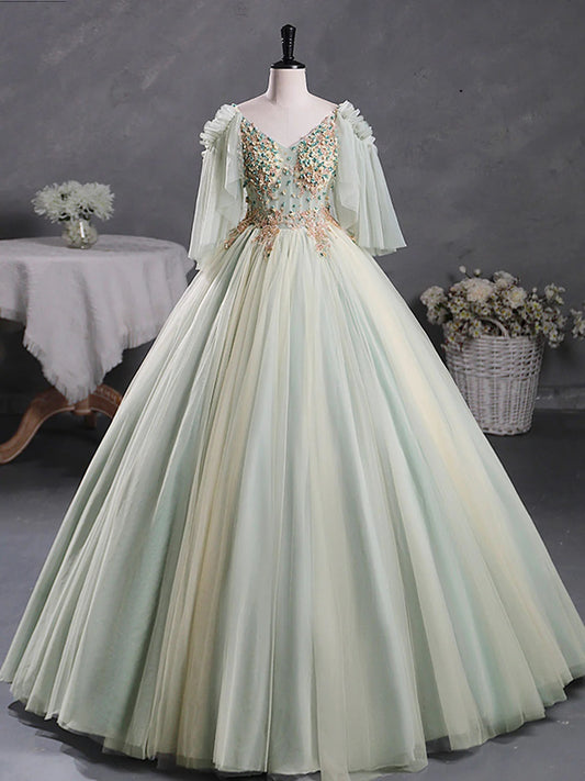 Ball Gown Quinceanera Dresses Princess Dress Green A-Line 3D Lace Long Prom Dress Green Lace Sweet 16 Dress