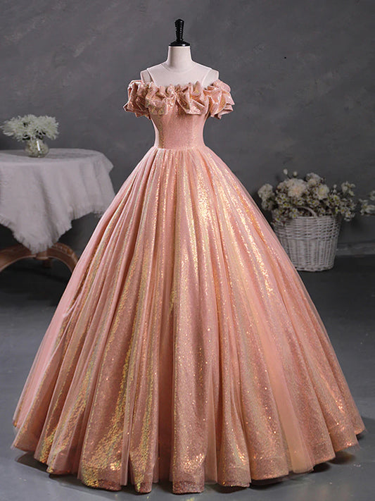 A-Line Ball Gown Quinceanera Dresses Princess Dress Sparkly Off Shoulder Sequin Orange Pink Long Prom Dress/ Evening Dress