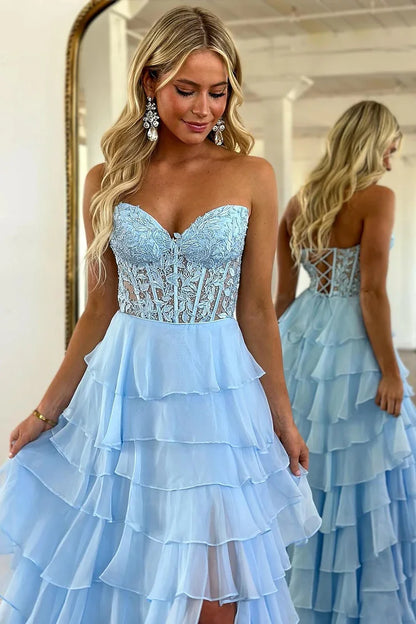 A-Line Strapless Royal Blue Ruffle Tiered Chiffon Long Prom Dress