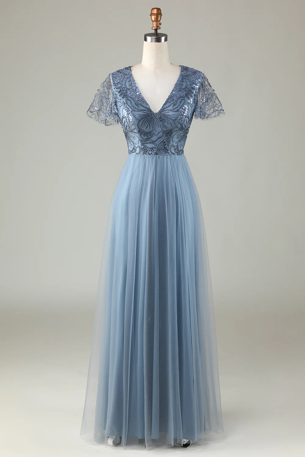 A-Line V Neck Short Sleeve Dusty Blue Bridesmaid Dress with Beading