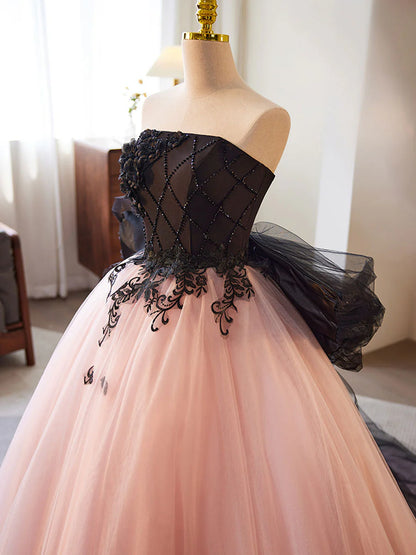 A-Line Pink Ball Gown Quinceanera Dresses Princess Dress Tulle Lace Long Prom Dress Pink Tulle Formal Dress