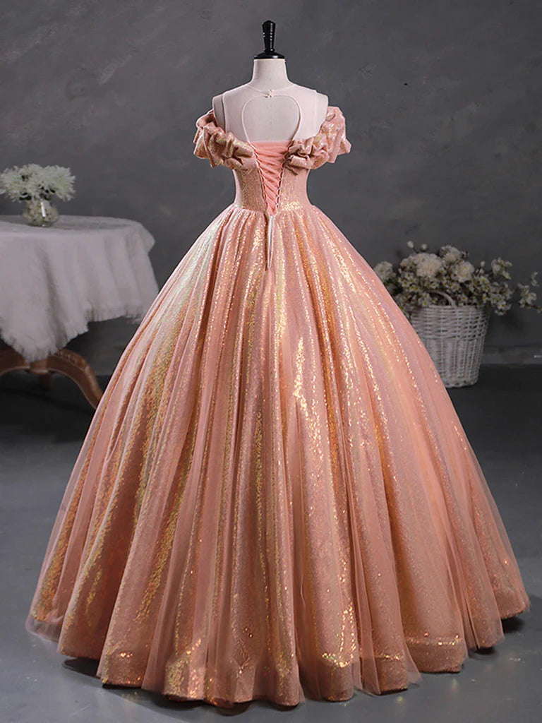 A-Line Ball Gown Quinceanera Dresses Princess Dress Sparkly Off Shoulder Sequin Orange Pink Long Prom Dress/ Evening Dress