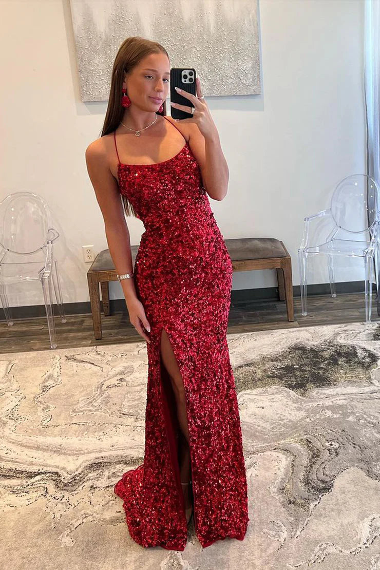 Mermaid Spaghetti Straps  Scoop Neck Sequins Long Prom Dresses with Slit