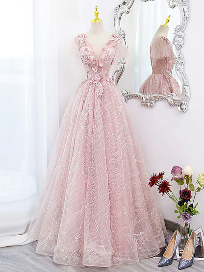 A-Line Ball Gown Quinceanera Dresses Princess Dress Tulle Lace Applique Pink Long Prom Dress, Pink Lace Sweet Dress