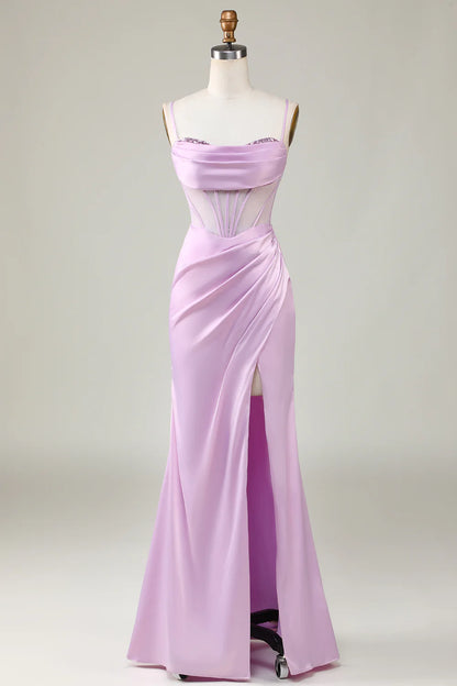 Lilac Mermaid Spaghetti Straps Long Bridesmaid Dress with Slit