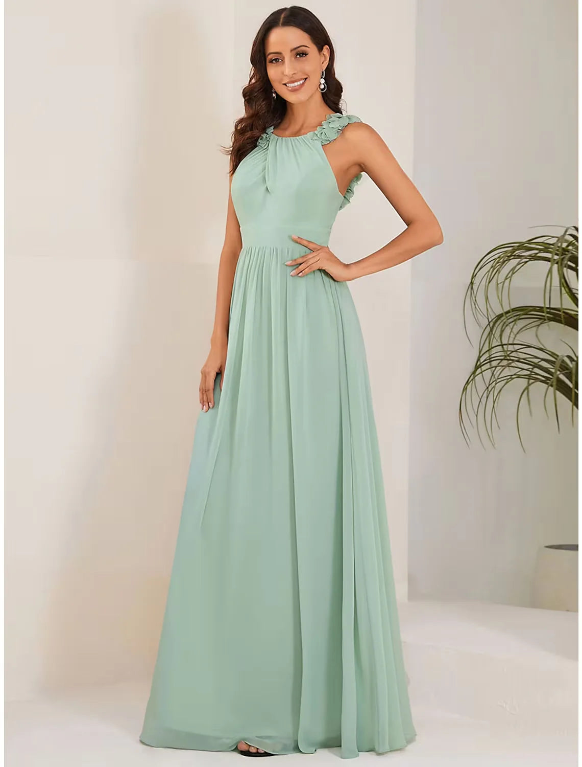 A-Line Wedding Guest Dresses Elegant Dress Formal Floor Length Sleeveless Jewel Neck Chiffon with Pleats Shouder Flowe