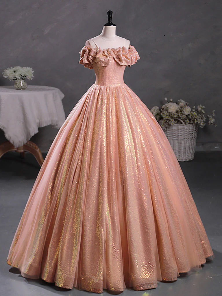 A-Line Ball Gown Quinceanera Dresses Princess Dress Sparkly Off Shoulder Sequin Orange Pink Long Prom Dress/ Evening Dress