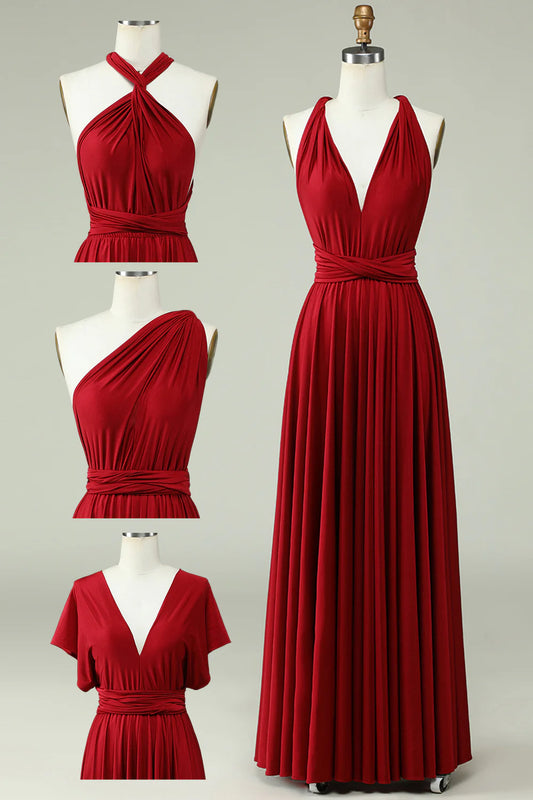 A-Line Halter  Multiple Dressing Methods Burgundy Long Bridesmaid Dress