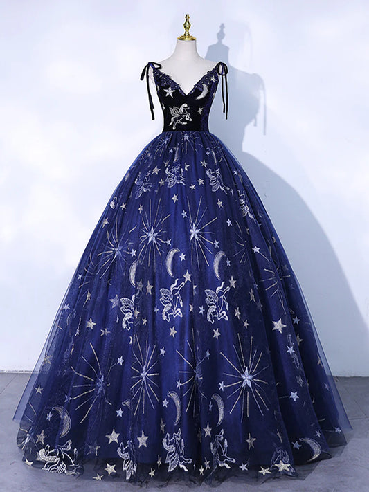 Dark Blue A-Line Ball Gown Quinceanera Dresses Princess Dress Tulle Lace Long Prom Dress Blue Lace Formal Dress