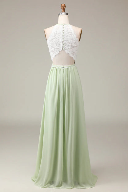 A Line Halter Neck Lace and Chiffon Long Bridesmaid Dress