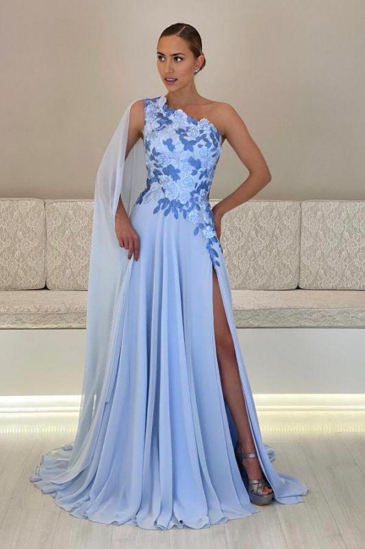 Sheath One Shoulder Sweep/Brush Train Wedding Guest  Evening Dress Floor Length Chiffon Mother of the Bride Dress With Flower Appliques