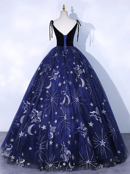 Dark Blue A-Line Ball Gown Quinceanera Dresses Princess Dress Tulle Lace Long Prom Dress Blue Lace Formal Dress