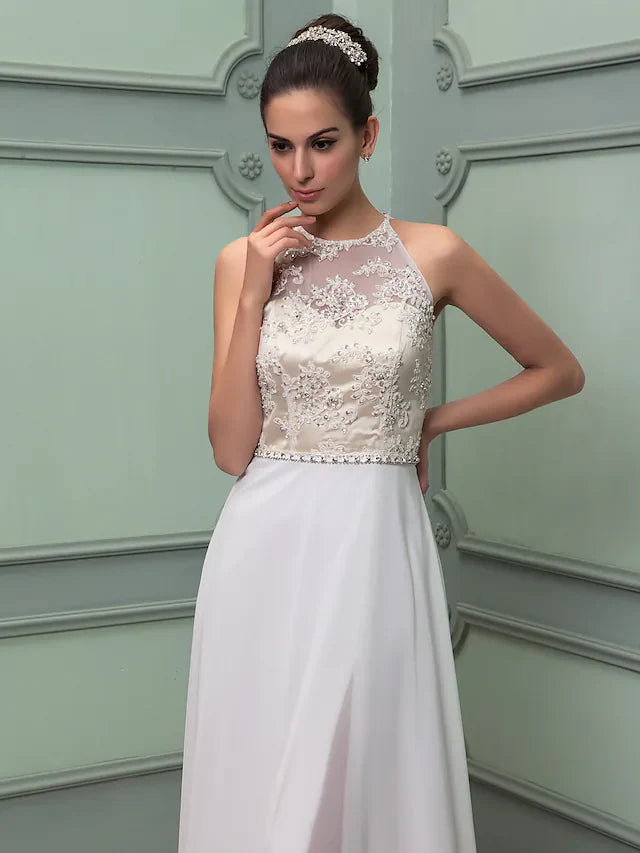 Wedding Dresses Jewel Neck Floor Length Chiffon Lace Regular Straps See-Through with Sash Ribbon Beading Split Front