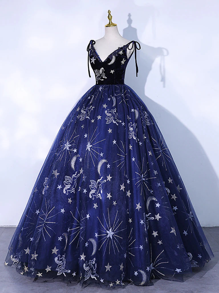 Dark Blue A-Line Ball Gown Quinceanera Dresses Princess Dress Tulle Lace Long Prom Dress Blue Lace Formal Dress